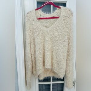 Knitted and Knotted, Cozy Cream V-Neck Sweater, Medium